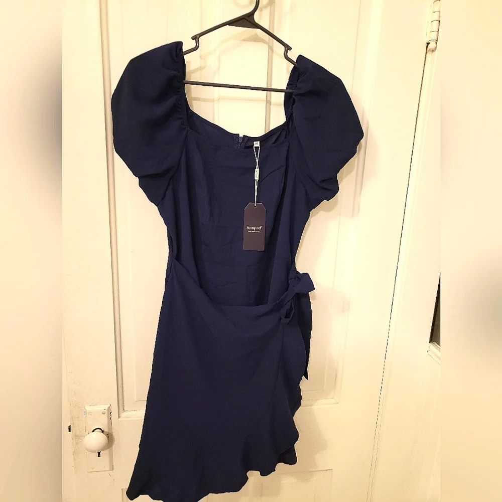 SAMPEEL Summer V Neck Wrap Puffy Sleeve Short Dress with Belt for Women - Picture 2 of 13